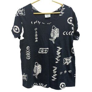 Shoe Shack Accessories Womens Top Large Navy White Fish Print Nautical Resort
